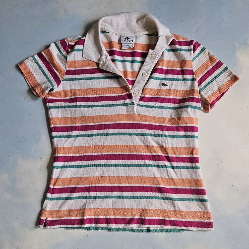 Lacoste Womens Multicolor Striped Polo Golf Shirt Athleisure Shirt Sportswear